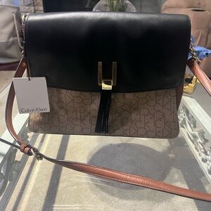 Calvin Klein Black Flap & Brown Monogram Crossbody with Tassel